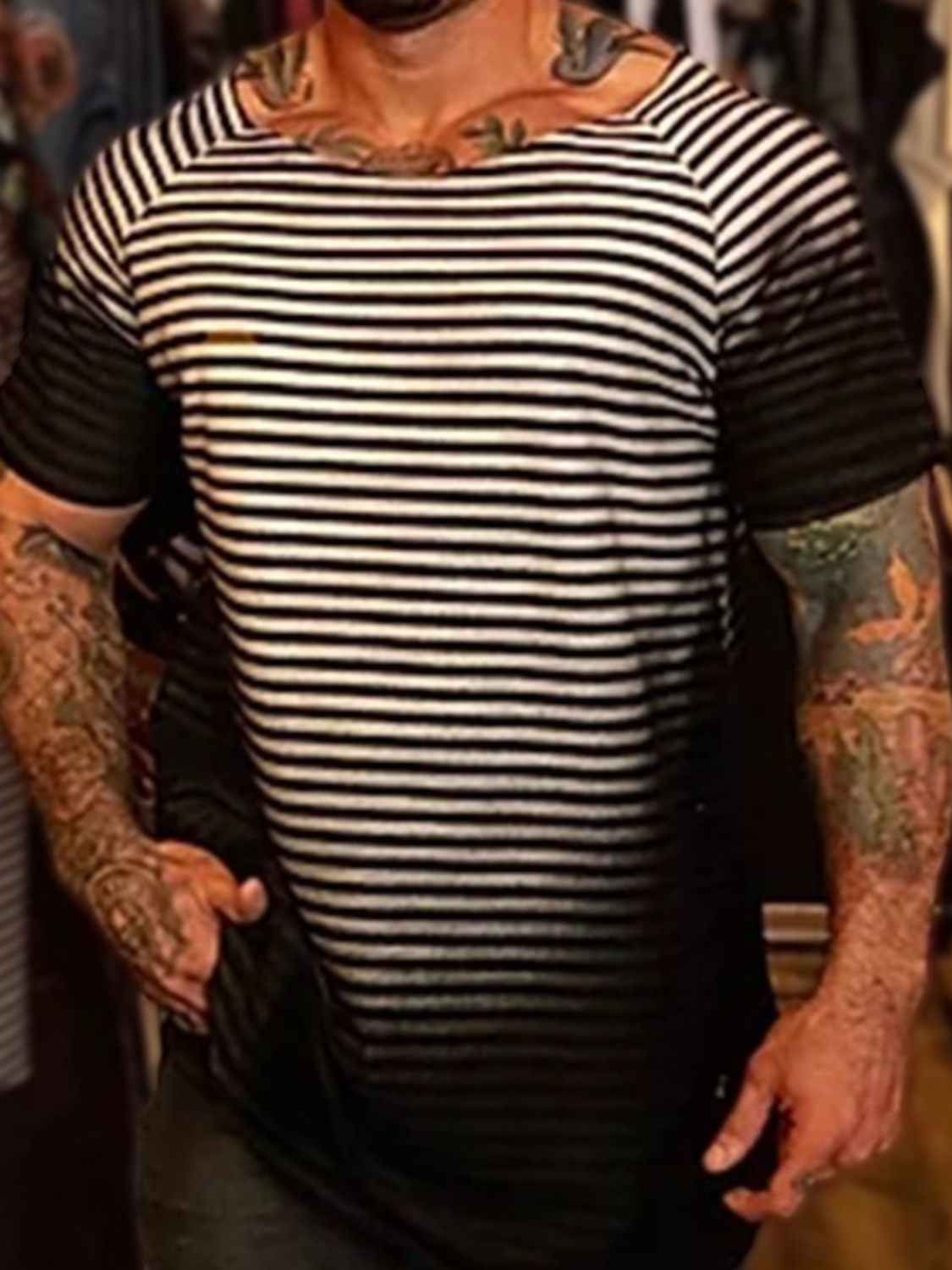 Men's Full Size Round Neck Short Sleeve Striped T-Shirt Plus Size - Damned Threads